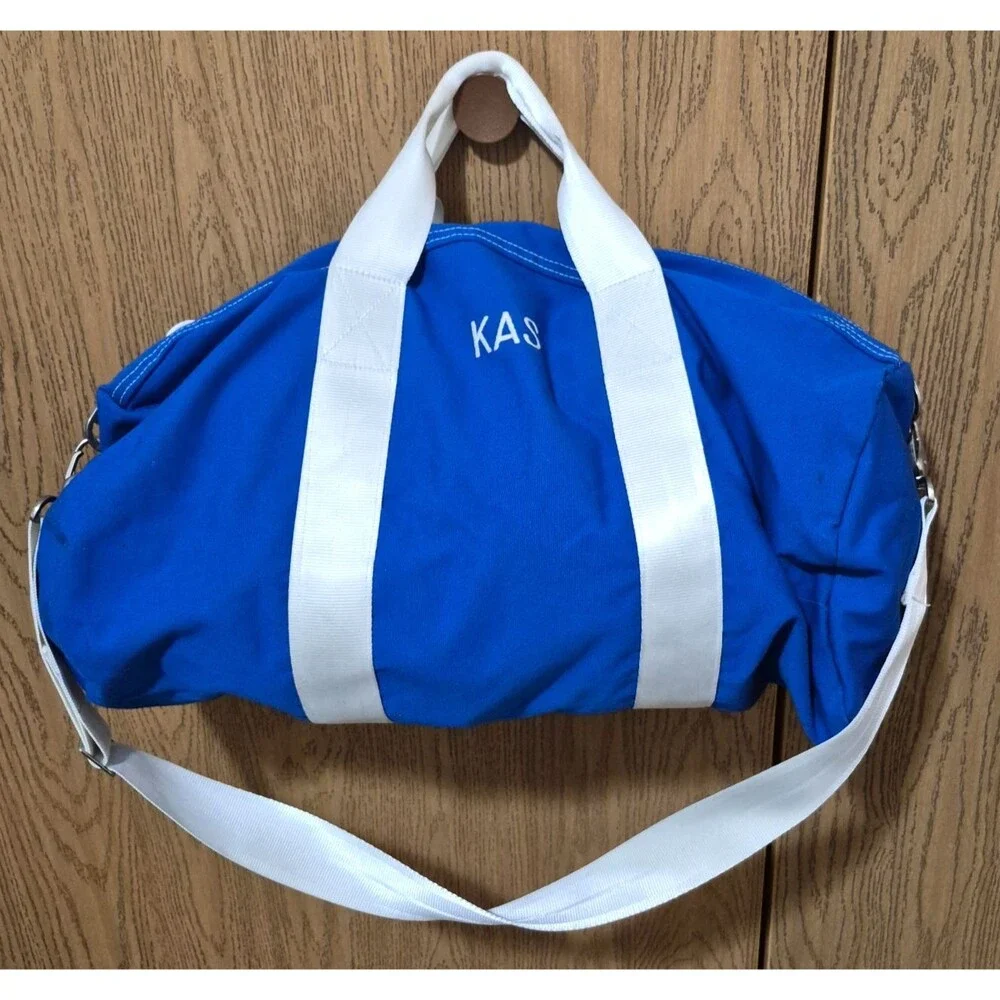 Lands' End Royal Blue White Large Duffle Travel Gym Bag Handles Adjustable Strap